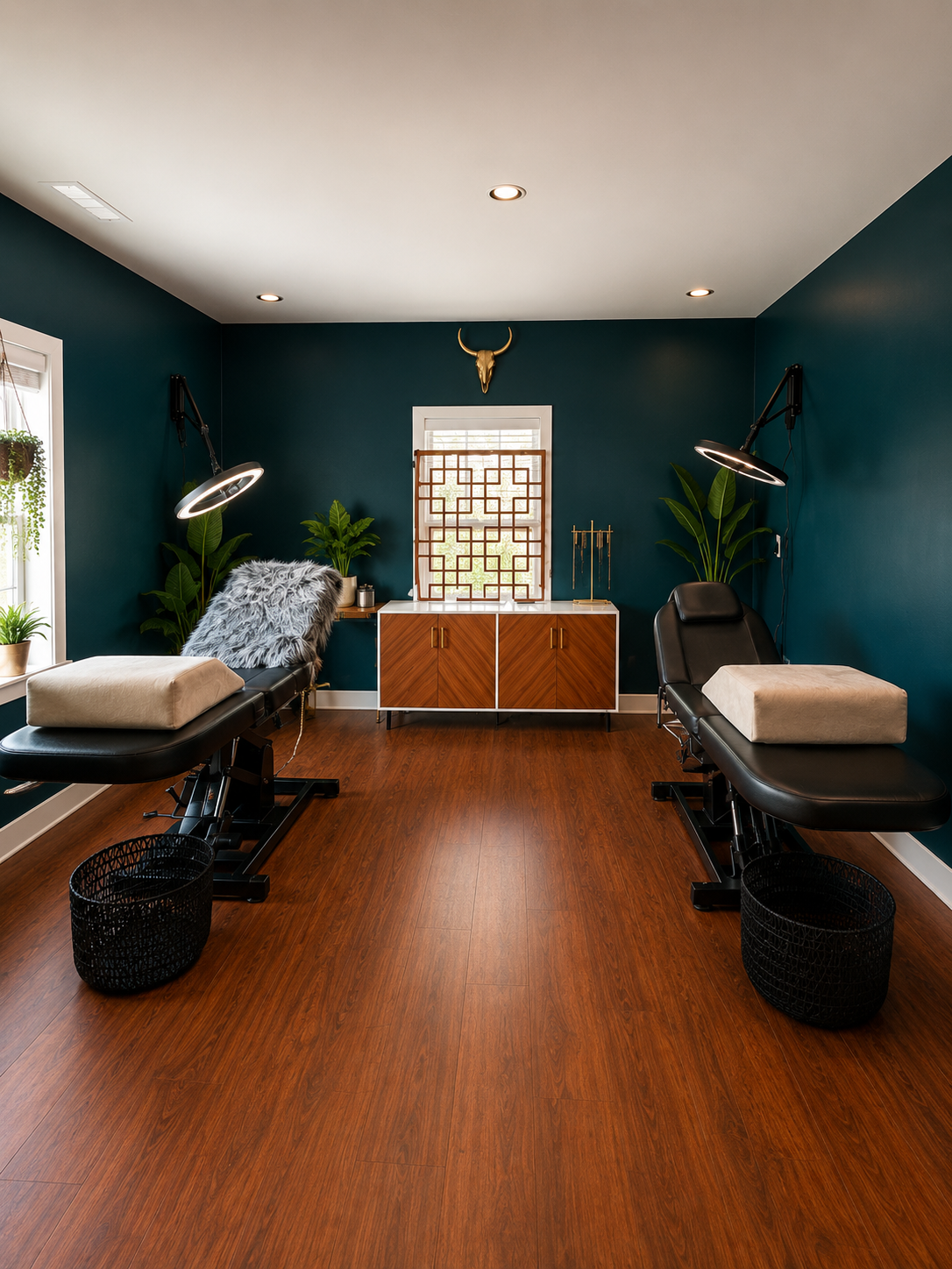The Brow Babes — dual treatment room with teal walls and ring lights